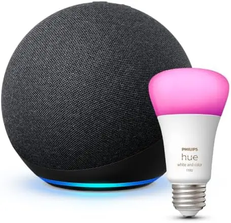 Echo Pop | Charcoal + Philips Hue White Smart Light Bulb LED