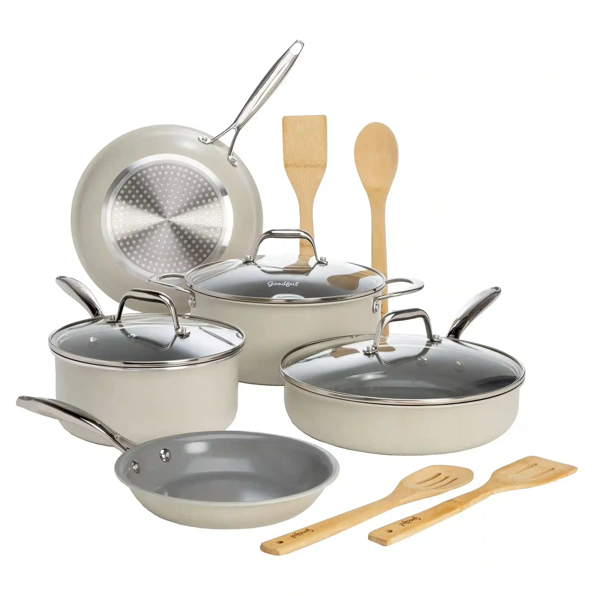 Goodful 12-Piece Classic Stainless Steel Cookware Set with Tri-Ply Base for Even Heating