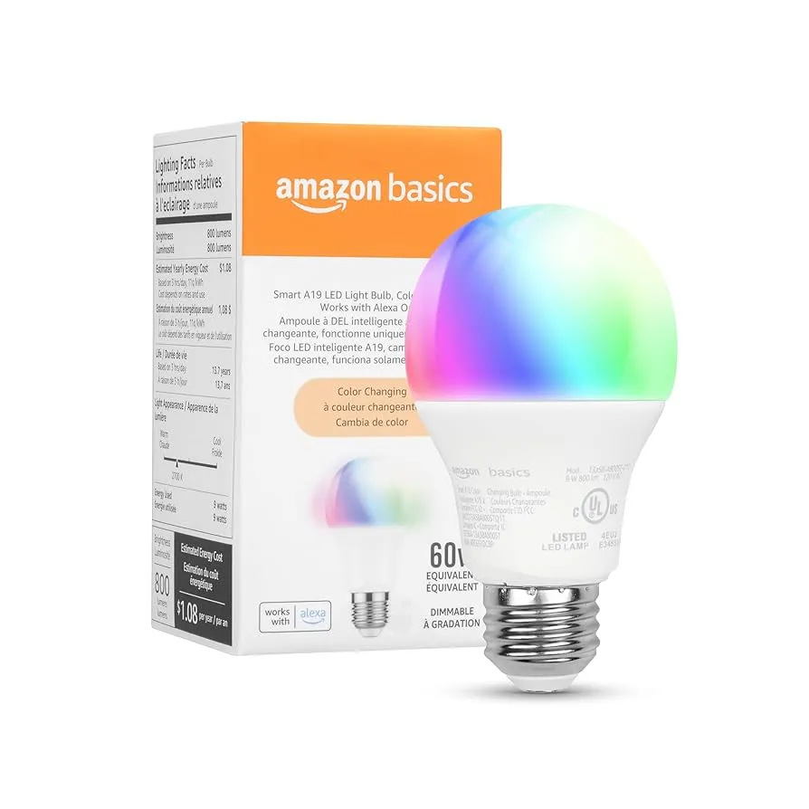 Amazon Basics Smart A19 LED Light Bulb, Color Changing