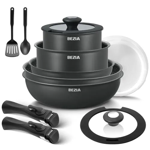 BEZIA Induction Cookware Set 15-Piece, Pots and Pans Set Non Stick