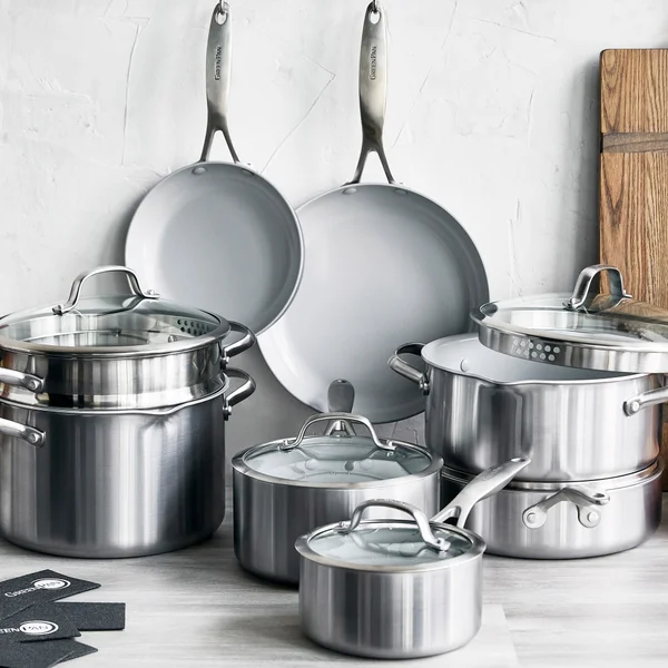 GreenPan Venice Pro Tri-Ply Stainless Steel Healthy Ceramic Nonstick 13 Piece Cookware Pots