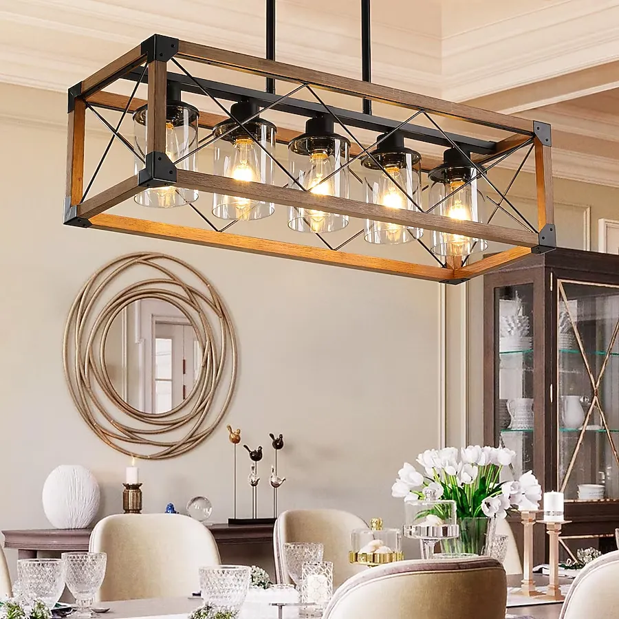 Espird Farmhouse Dining Room Light Fixture - 5 Light Matte Black Rectangle Light Fixture