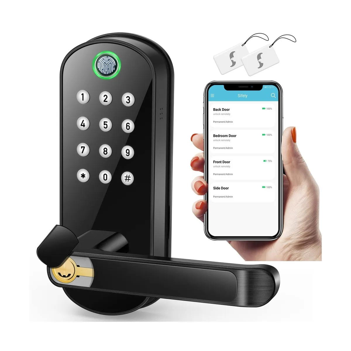 Keyless Entry Fingerprint Smart Lock with Handle & Keypad: Sifely Biometric Digital Electronic Lock with Code